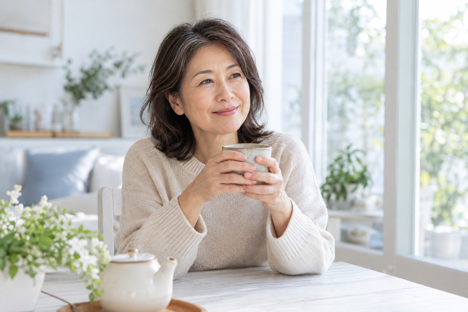 窓辺でお茶を飲みながら、穏やかにくつろぐ女性