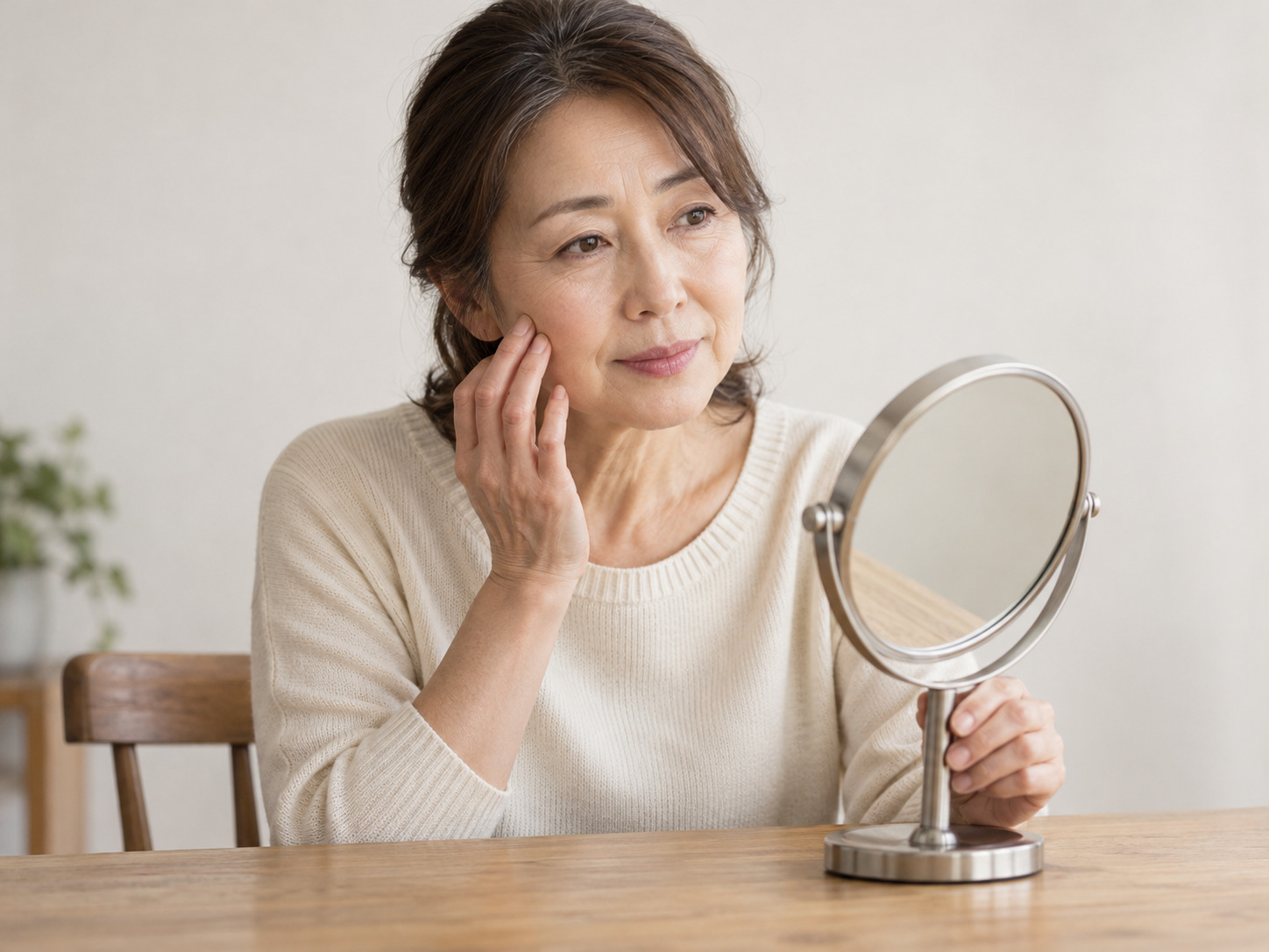 手鏡を前に、頬に手を当てて肌の色ムラやくすみを気にする女性