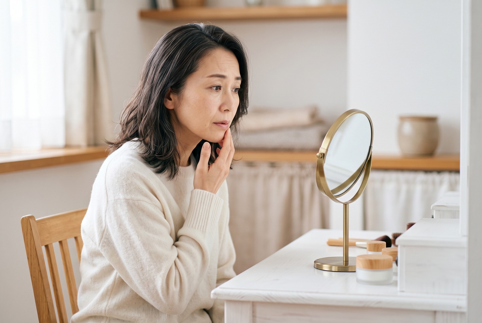 鏡の前で顎のあたりに手を添え、肌の状態を考える40代の女性